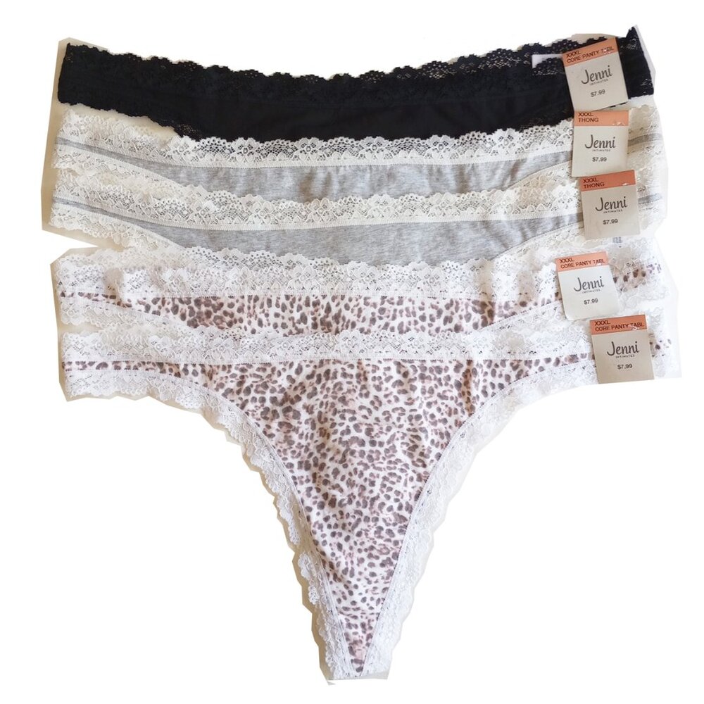 *50off3* NWT Jenni 5-PK Lace-Trim Thong Underwear XXXL 3XL Cotton Blend
